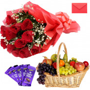 Rosy Combo - 12 Red Roses Bunch, 2 Kg Mix Fruit Basket, 5 Dairy Milk and Card