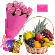 Tasteful Combo - 12 Pink Roses Bunch, 2 Kg Mix Fruit Basket, 5 Assorted Bars and Card