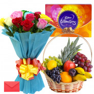 Rich Celebration - 12 Mix Roses Bunch, 2 Kg Mix Fruit Basket, Cadbury Celebration and Card