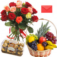 Mix Combo - 12 Mix Roses Bunch, 2 Kg Mix Fruit Basket, Ferreo Rocher 16 pcs and Card