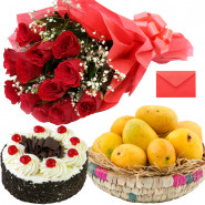 Flavorsome Combo - 12 Red Roses Bouquet, Fresh Mango 2 Kg in Basket, Black Forest Cakes 1/2 Kg and Card