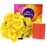 Love Treat - 10 Yellow Gerberas Bunch, Cadbury Celebration and Card