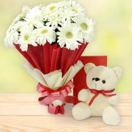 Elegant Combo - 10 White Gerberas Bunch, Teddy 6 inch and Card