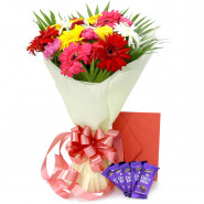 Adorable Mix - 15 Mix Flowers (Carnations, Gerberas, Roses) in Bouquet, 5 Dairy Milk and Card