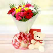 Vibrant Mix - 15 Mix Flowers (Carnations, Gerberas, Roses) in Bouquet, Teddy 6 inch and Card