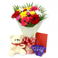 Mixed Treat -15 Mix Flowers (Carnations, Gerberas, Roses) in Bunch,Teddy 6 inch, 5 Dairy Milk and Card