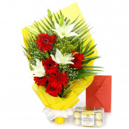 Royal Combo - 6 Red Gerberas, 3 White Lilies in Bunch, Ferrero Rocher 16 Pcs and Card