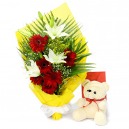 Divine Beauty - 6 Red Gerberas, 3 White Lilies in Bouquet, Teddy 6 inch and Card