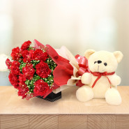 Divine Combo - 10 Red Carnations Bunch, Teddy 6 inch and Card