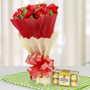 Vivid Soulmate - 10 Red Carnations Bunch, Ferrero Rocher 16 Pcs and Card