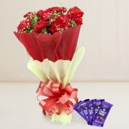 Love Memories - 12 Red Carnations Bunch, 5 Dairy Milk and Card