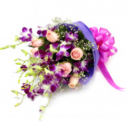 Vivid Love - 5 Purple Orchids, 10 Pink Roses Bouquet and Card