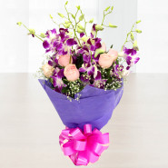 Special Bunch - 6 Purple Orchids, 6 Pink Roses in Bunch and Card