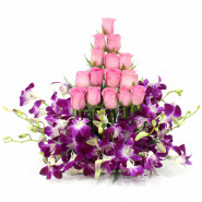 Vibrant Magic - 6 Purple Orchids, 15 Pink Roses in Basket and Card