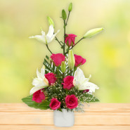 Charming Soulmate - 3 White Lilies, 10 Pink Roses Vase and Card