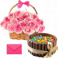 Joy of Mom - 15 Pink Roses in Basket, Kitkat Gems 1/2 Kg Cake and Card