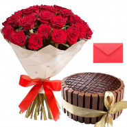 Roses and Kitkat Cake - 12 Red Roses Bunch, Kitkat Chocolate 1/2 Kg Cake and Card