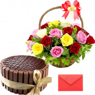 Joyful Love Combo - 12 Mix Roses in Basket, Kitkat Chocolate 1/2 Kg Cake and Card