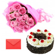 Surprise Gift For Mom - 12 Pink Roses Bunch, Black Forest Cakes 1/2 Kg and Card