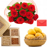 Love Combo For Mom - 12 Red Roses Bunch, Fresh Mango 2 Kg in Basket, Assorted Dryfruits in Box and Card