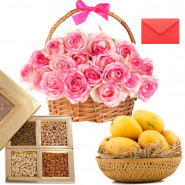Thank You Combo - 15 Pink Roses Basket, Fresh Mango 2 Kg in Basket, Assorted Dryfruits in Box and Card