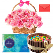 For Best Mom - 15 Pink Roses Basket, Kitkat Gems Cake 1/2 Kg, Cadbury Celebrations and Card