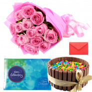 Sweet N Lovely Combo - 12 Pink Roses Bunch, Kitkat Gems Cake 1/2 Kg, Cadbury Celebrations and Card
