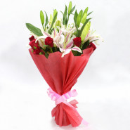 Adorable Magic - 6 Pink Lilies, 6 Red Roses Bunch and Card