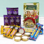 5 Dairy Milk, 5 Five Star, 5 Perk, Elegant Ganesh Thali with Flowers & Pearls with 4 Golden Diyas and Laxmi-Ganesha Coin
