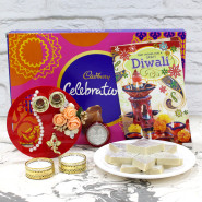 Cadbury Celebration, Kaju Katli, Fancy Ganesha Thali with Flowers & Pearls with 2 Golden Diyas and Laxmi-Ganesha Coin