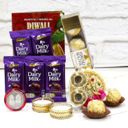Ferrero Rocher 4 Pcs, 5 Dairy Milk, Divine Ganesha Thali with Perals with 2 Golden Diyas and Laxmi-Ganesha Coin