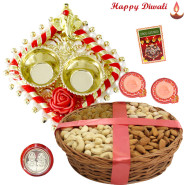Assorted Dry Fruits in Basket, Auspicious Ganesha Thali with Pearls with 2 Diyas and Laxmi-Ganesha Coin