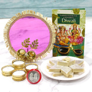Kaju Katli, Stylish Pooja Thali with Golden Border with 4 Golden Diyas and Laxmi-Ganesha Coin
