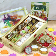 Kaju Mix, Auspicious Ganesha Thali with Pearls with 2 Golden Diyas and Laxmi-Ganesha Coin