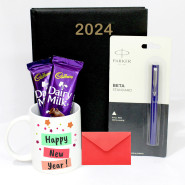 New Year Regards - Personalized New Year Mug, Executive Diaries, 2 Dairy Milk & Card