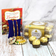Ferrero Rocher with Thali - Ferrero Rocher 16 Pcs, Exquisite Gota & Meenakari Work Thali with Pearls with 2 Rakhi and Roli-Chawal