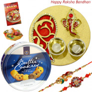 Royal Thali with Cookies - Danish Butter Cookies 454 gms, Artistic Ganesha Thali with Golden Base with 2 Rakhi and Roli-Chawal
