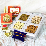 Special Dryfruits with Thali - Assorted Dry Fruits in Box, Delicate Golden Ganesha Thali with Red Tika with 2 Rakhi and Roli-Chawal