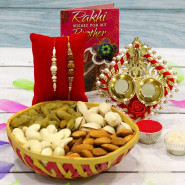 Dryfruits Basket with Designer Thali - Assorted Dry Fruits in Basket, Auspicious Ganesha Thali with Pearls with 2 Rakhi and Roli-Chawal