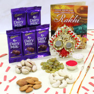 Rakhi Special Combo - Assorted Dry Fruits, 5 Dairy Milk, Auspicious Ganesha Thali with Pearls with 2 Rakhi and Roli-Chawal