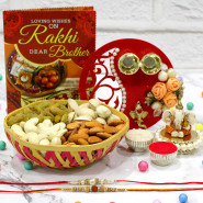 Divine Thali Combo - Assorted Dry Fruits in Basket, Ganesh Idol, Fancy Ganesha Thali with Flowers & Pearls with 2 Rakhi and Roli-Chawal