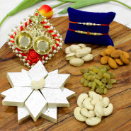 Happy Rakshabandhan Thali - Kaju Katli, Assorted Dry Fruits 200 gms, Auspicious Ganesha Thali with Pearls with 2 Rakhi and Roli-Chawal