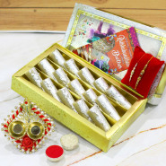 Auspicious Thali with Sweets - Kaju Anjir Roll, Auspicious Ganesha Thali with Pearls with 2 Rakhi and Roli-Chawal