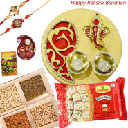 Rakshabandhan Special Thali - Haldiram Soan Papdi, Assorted Dry Fruits 200 gms, Artistic Ganesha Thali with Golden Base with 2 Rakhi and Roli-Chawal