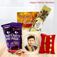 The Greatest Brother in the World Personalized Mug, Ferrero Rocher 4 Pcs, 2 Dairy Milk, 2 Rakhi and Roli-Chawal