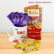 Hey Bro you are Awesome Personalized Mug, 5 Dairy Milk, 5 Five Star, 2 Rakhi and Roli-Chawal