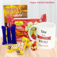 One in a Billion Bhai Happy Rakhi Personalized Mug, Haldiram Soan Papdi, 2 Five Star, 2 Rakhi and Roli-Chawal