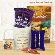 Square Shaped Keychain, The Greatest Brother in the World Personalized Mug, 2 Dairy Milk, 2 Rakhi and Roli-Chawal