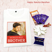 World's Best Brother Personalized T-Shirt, Kaju Katli, 5 Dairy Milk, 2 Rakhi and Roli-Chawal
