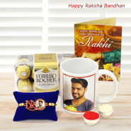 Personalized Photo BRO Rakhi, World's Best Brother Personalized Mug, Ferrero Rocher 16 Pcs and Roli-Chawal
